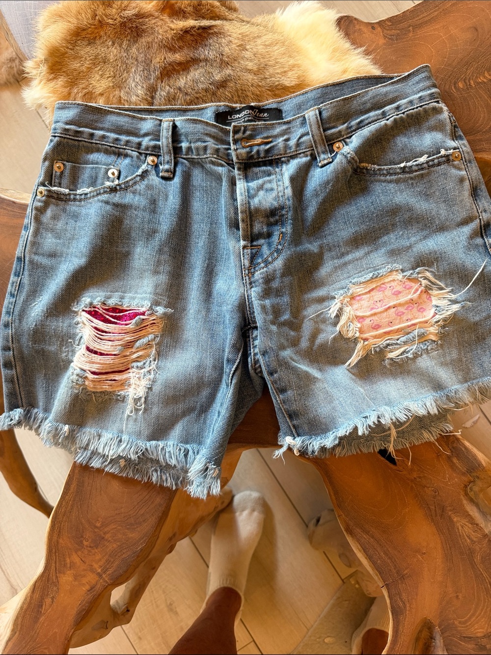 LONDONJEAN Light Blue Distressed Denim Shorts with Pink Patchwork